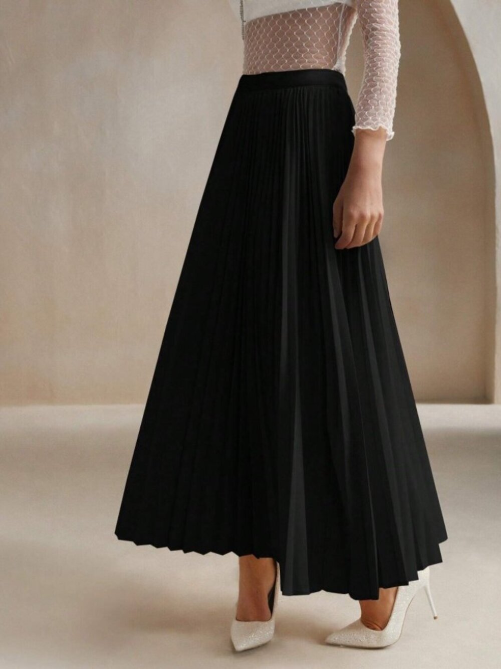 Black Pleated Maxi Skirt with Elastic Waist